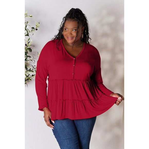 Double Take Half Button Long Sleeve Ruffle Hem Blouse - Picture 3 of 6